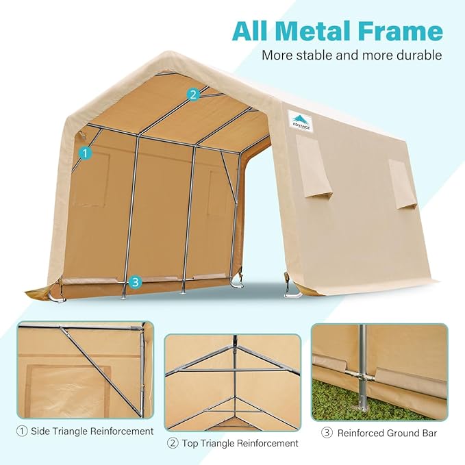 ADVANCE OUTDOOR 10X15 ft Garage Shelter Steel Metal Peak Roof Portable Storage Shed Carports for Motorcycle Boat, or Garden Tools with 2 Roll up Doors & Vents, Beige