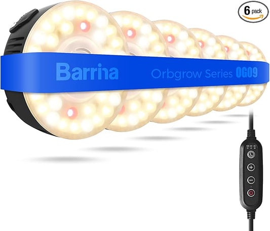 Barrina Orbgrow OG09 Puck Grow Light with Timer, 660nm Red LEDs, 54W(6 x 9W, 810 Watt Equiv), Full Spectrum Plant Light for Indoor Plants, Magnetic & Linkable, 5 Levels Dimmable, 6 Packs, Black