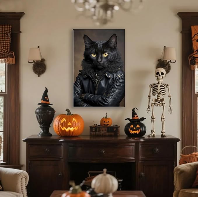 Jatinoo Dark Academia Decor Punk Black Cat Halloween Decorations Indoor Gothic Decor Vintage Wall Art Aesthetic Room Posters Gothic Wall Art For Cat Lovers 11.5x15 Inches