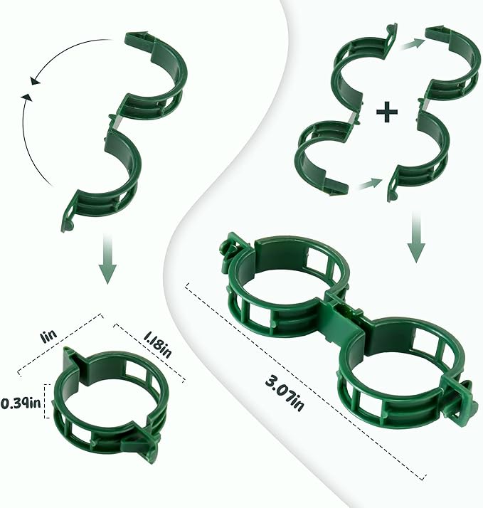 Green Metal Plants Support Stakes (Pack of 8), Garden Single Stem Plant Support Rod and Ring with 10 PCS Plant Clips, Plant Support and Clips Set - for Amaryllis, Rose, Tomato Seedling, Sapling