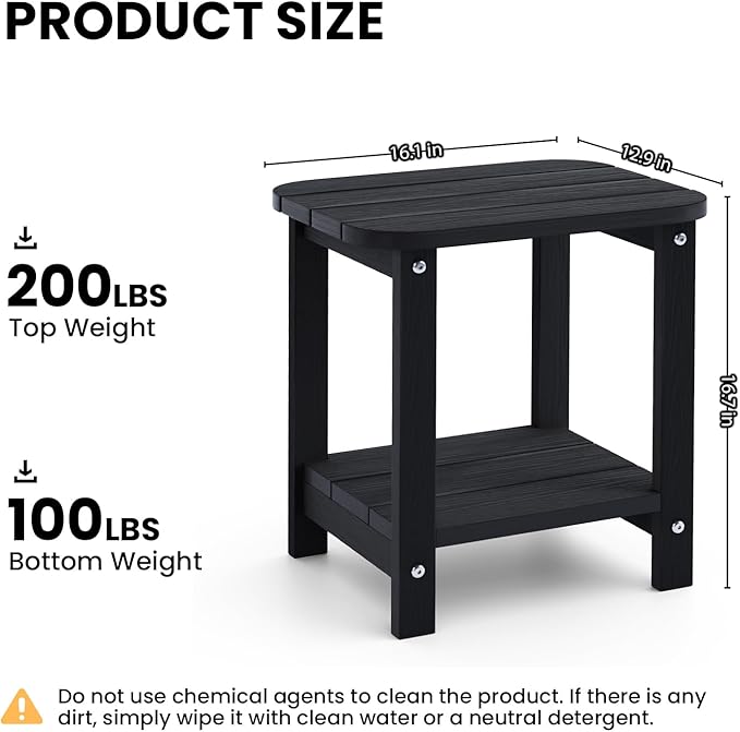 2-Tier Outdoor Side Table, 16" Adirondack Small Side Table All Weather Resistant, Patio End for Outside or Indoor, Patio, Yard, Pool, Porch, Garden, Black