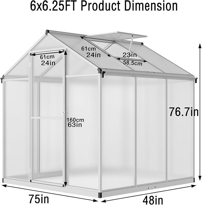 6x6.25FT Greenhouse,Easy Assembly Aluminum Polycarbonate Walk-in Greenhouse with Roof Vent,Large Outdoor Garden Green House,Backyard,White