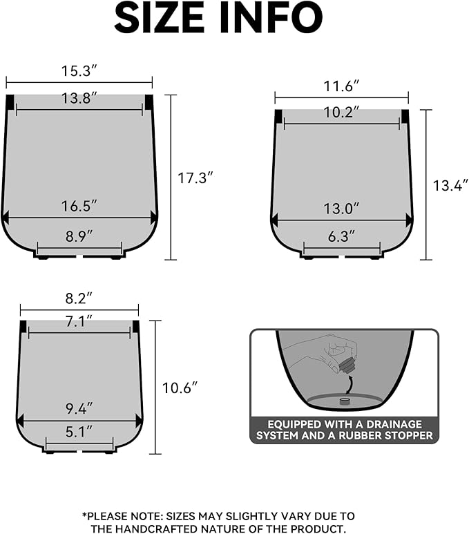Kante 15.3"+11.6"+8.2" Dia Round Concrete Planter, Large Outdoor Indoor Planter Pots Containers with Drainage Holes and Rubber Plug for Home Garden Patio, Light Gray