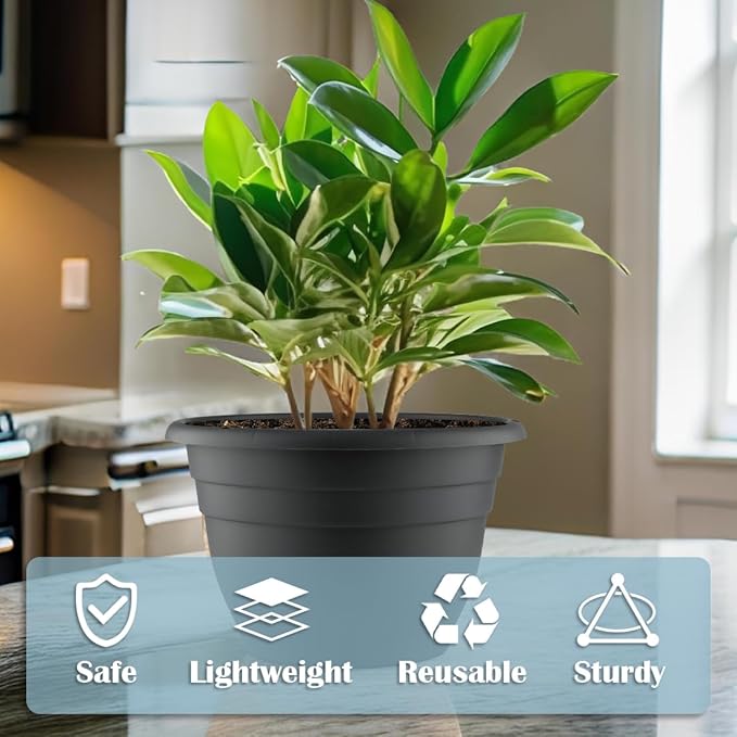 3 Pack 11 Inch Plant Pots with Drainage Hole and Plug, Durable Plastic Flower Pots for Indoor & Outdoor Plants, Elegant Mordern Plant Pots Perfect for Herbs, Flowers & Succulents, Gray