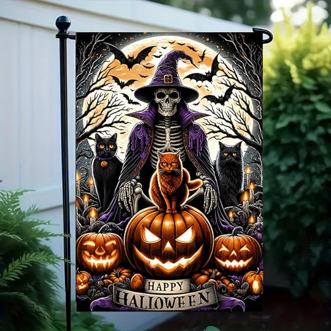 Halloween Garden Flag - Double Sided 12x18 with Ghost, Skull, Wizard, Skeleton Cats, Pumpkins, Bats - Spooky Outdoor Scary Yard Decor