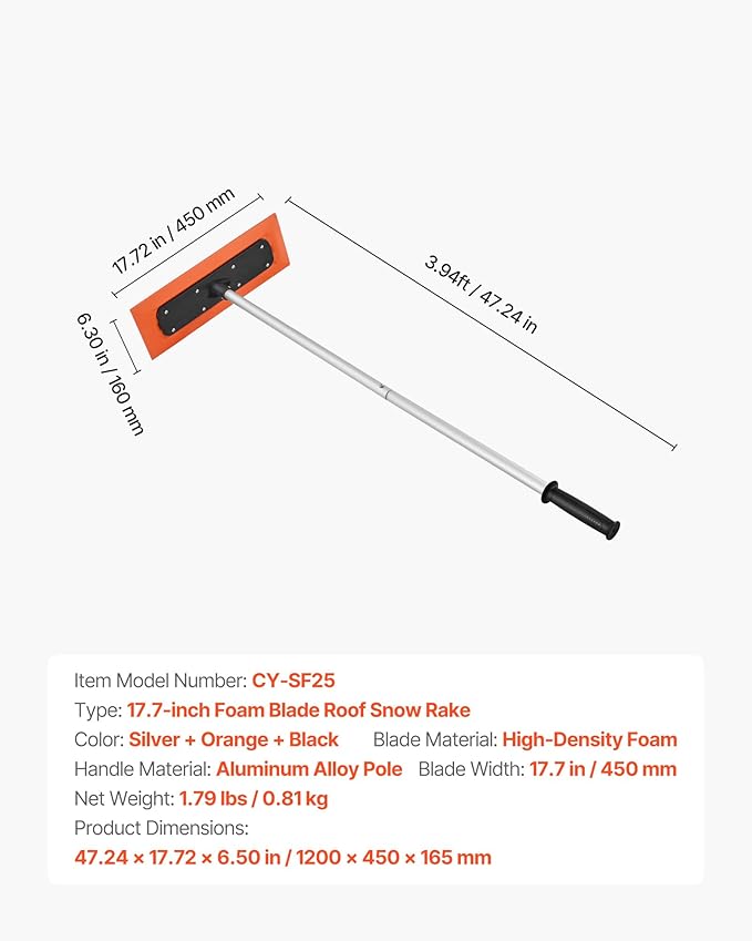 VEVOR Snow Roof Rake, 4ft Long Reach Car Roof Snow Scraper, 17.7 in Foam Blade for No Scratches, Non-Slip Handle, Lightweight Snows Removal Tool for Vehicle Garage Rooftop Leaves Debris Clearing