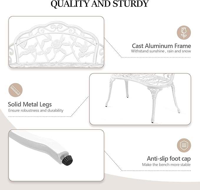 VINGLI 38.5" Patio Park Garden Outdoor Metal Rose Bench,Cast Iron Cast Aluminium Frame Antique Finish Chair,Accented Lawn Front Porch Path Yard Decor Deck Furniture for 2 Person Seat（White