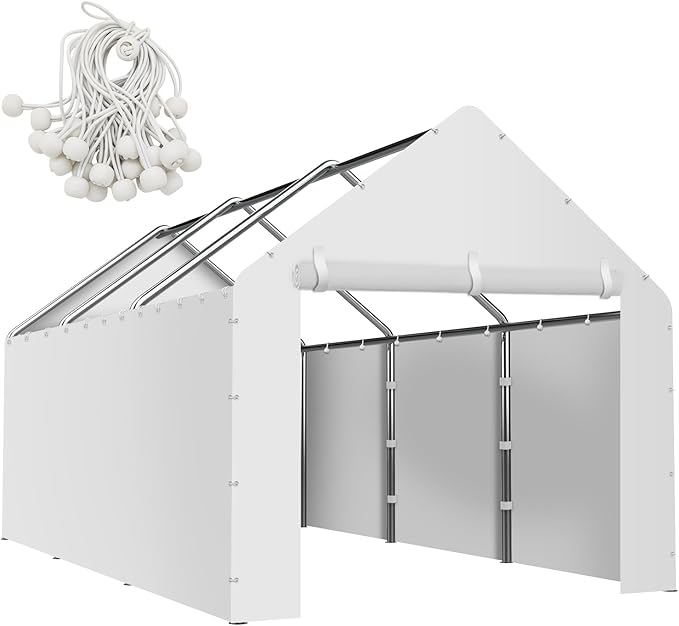 Canopy Sidewalls for 10' x 20' Carport with Ball Bungee Cords, Shelter Logic Replacement Covers Canopy Walls for Car Tent Garage(Sidewalls Only) (White)