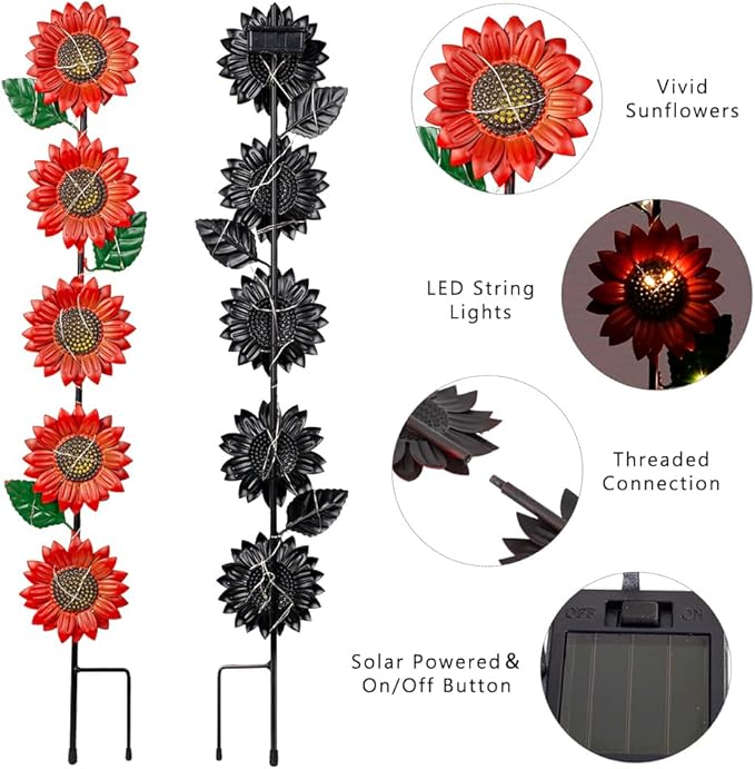 Solar Garden Stakes Lights,3 Pack Metal Sunflowers for Outside,Waterproof Solar Decorative Garden Stakes,Metal Spring Yard Art Decor Lights for Patio Pathway Backyard Porch Lawn(22.6 * 4.7IN)