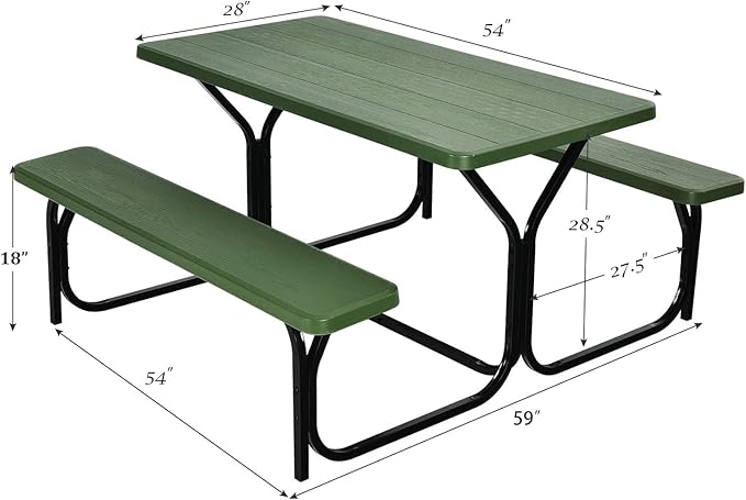 Giantex Picnic Table Bench Set Outdoor Camping All Weather Metal Base Yard Pool Dining Party Garden Patio Lawn Deck Large Camping Table (Green)