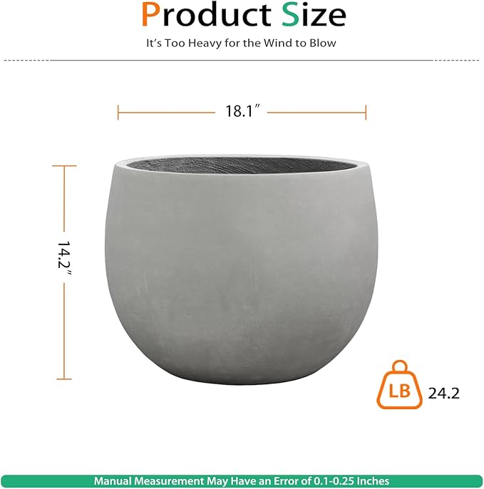 Ball Concrete Planter Outdoor Indoor, Large Tall Cement Plant Pots for Trees Flowers (Gray, 18 inch)