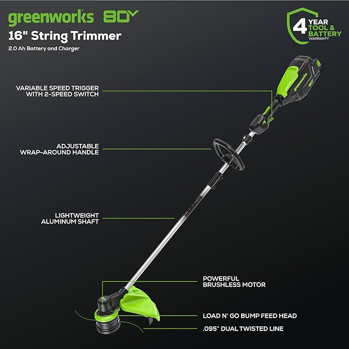 Greenworks 80V 16" Brushless Cordless String Trimmer, 2.0Ah Battery and Charger Included
