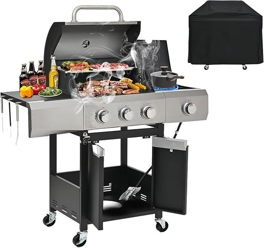 3-Burner Propane Gas BBQ Grill with Side Burner, 40,500 BTU Stainless Steel Gas Grill with Rain Cover for Outdoor, Camping, Barbecue Grilling Backyard Cooking (3+1 burners)