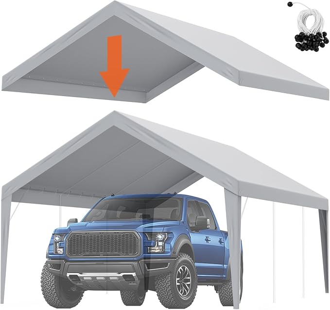VEVOR Carport Replacement Canopy Cover 13 x 20 ft, Garage Top Tent Shelter Tarp Heavy-Duty Waterproof & UV Protected, Easy Installation with Ball Bungees,Grey (Only Top Cover, Frame Not Include)