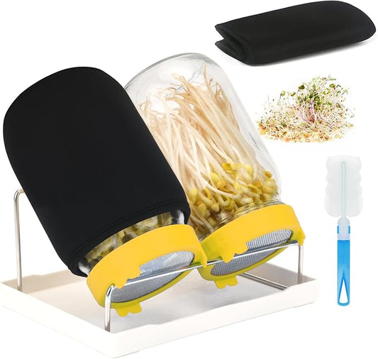 Lulonpon Sprouting Kit, 2 Sprouting Jar Kits, Wide Mouth Quart Mason Jars with Stainless Steel Screen Sprout Lids,1000ml Sprouts Growing Kit, Seed Sprouter Set for Growing Broccoli, Bean, Alfalfa