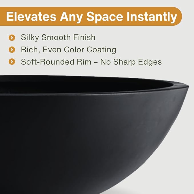 7.7" H x 22" D Round Bowl Fiberstone Planter for Succulent and Lotus, Drainage Hole, Weather Resistant for Indoor and Outdoor Use, Included 2 Extra Coco Mats (Black, 19.9" Pot Opening)