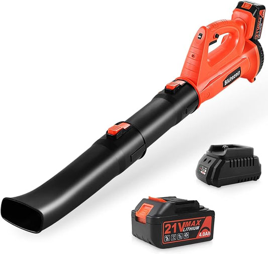Blütezeit Cordless Leaf Blower - 21V Electric Yard Blower 350CFM 150MPH with 4.0Ah Battery & Charger, 6-Speed Adjustable for Lawn Care, Snow Blowing, Debris & Dust
