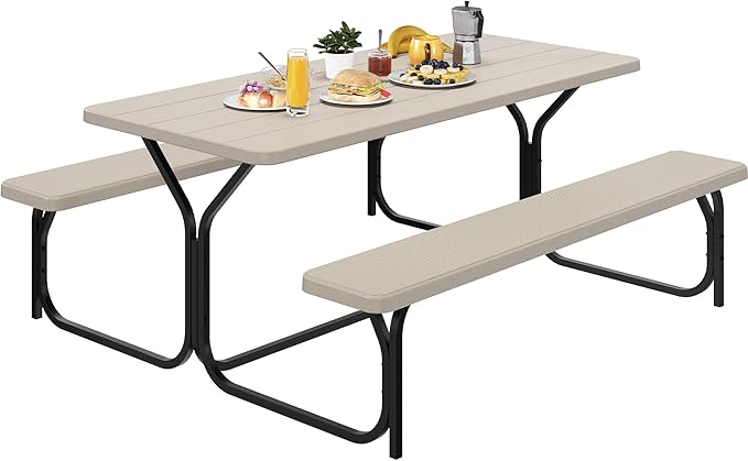 YITAHOME 6ft Outdoor Picnic Table with Wood-Like Tabletop, Sturdy Steel Frame and Umbrella Opening, Heavy Duty Picnic Table Ideal for Yard, Patio, Lawn Gatherings, Light Brown