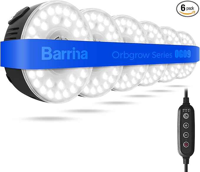 Barrina Orbgrow OG09 Puck Grow Light, 5000K 54W(6 x 9W, 810 Watt Equiv), Full Spectrum Plant Light for Indoor Plants, Magnetic & Linkable with Timer, 5 Levels Dimmable for Plant Shelf, 6 Packs, Black