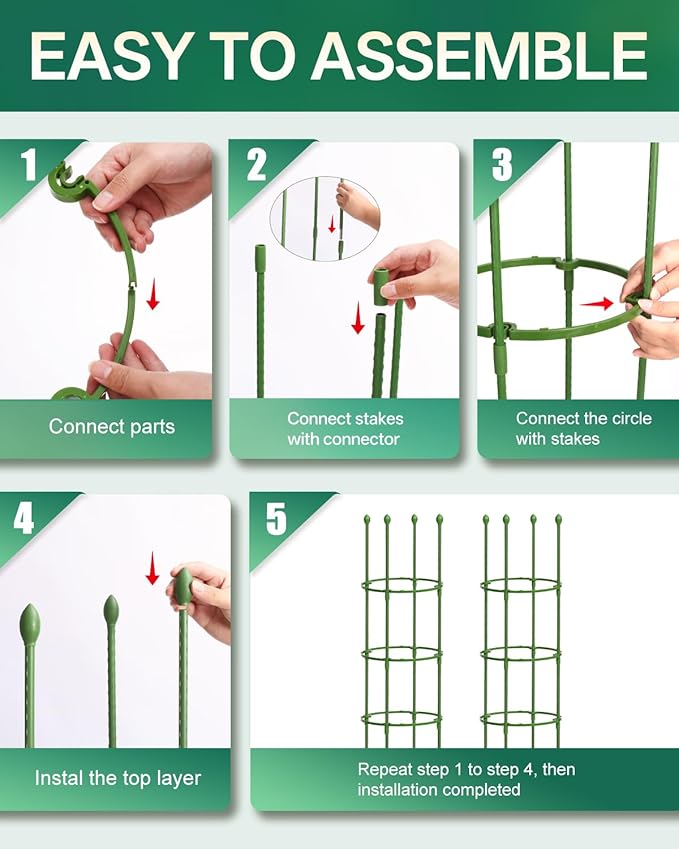 Breeze Touch Tomato Support Cages 2 Pack, Adjustable Tomato Trellis Up to 59 Inch for Garden & Pots, Small Plant Cages, Plant Support for Climbing Vegetables, Flowers, Beans, Cucumber, Peony