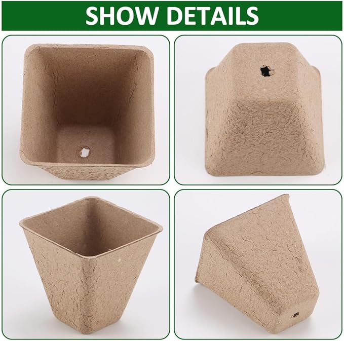 Seed Starter Trays, 174 Pcs 3.15 Inch Square Biodegradable Peat Pots, Drainage Holes Nursery Pot, (Light Brown Square)