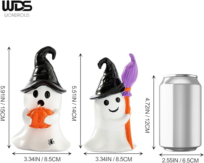 WDS WONDROUS Halloween Decor Ghost Figurines Set of 2 – White Ghosts Decor with Black Witch Hats and Broom&Pumpkin – Resin Cute Ghost Decoration Indoor Table Decor for Shelf Tiered Tray Home