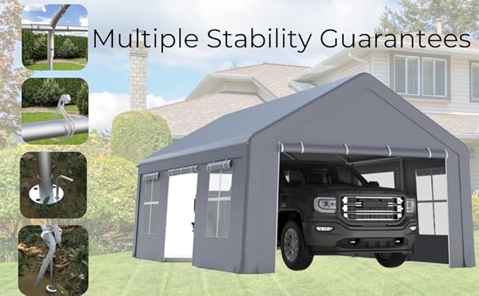 13'x20' Heavy Duty Carport Portable Garage, Outdoor Car Port with 180 g PE All-Season Waterproof Canopy 3 Roll-up Doors and 5 Windows for Car, Truck, SUV, Boat, Gray