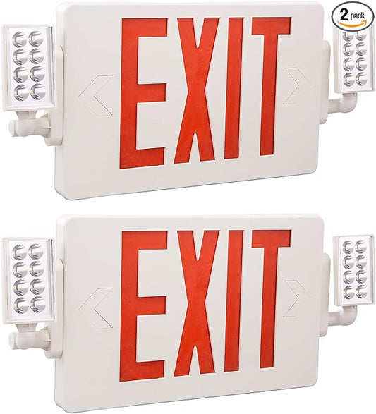 2 Packs UL Listed- Led Red Exit Sign Emergency Light Combo- Two LED Adjustable Head Emergency Exit Lights with Battery Backup- ABS Fire Resistance 120-277V-Double Face-Exit Sign for Business