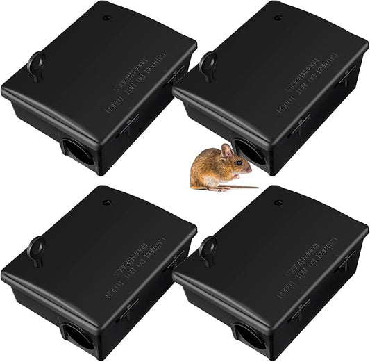 Qualirey Rat Bait Stations Large Rodent with Key Reusable Mouse Stations Mice Blocks Heavy Duty Boxes for Outdoor Rodents Mice Blocks, Bait Not Included(Black,4 Pack)