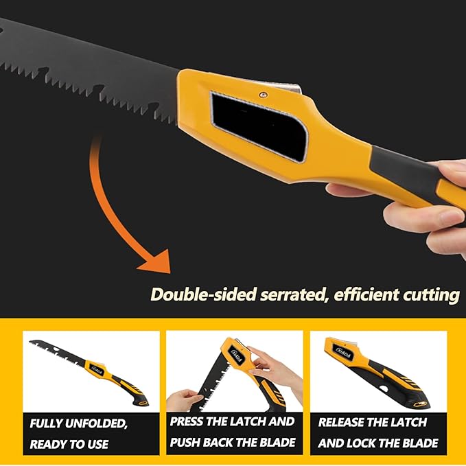 14-inch folding saw, sharper blades, outdoor and camping saws, hunting/bone saws, handling firewood, fire pit lumber, lawn and garden work, pruning trees and shrubs, easy to use and store