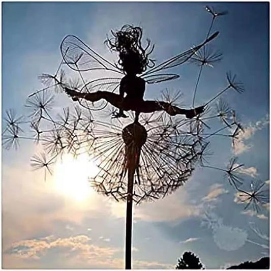 Flower Fairy Dancing with Dandelion, Art Sculpture Fairies for Fairy Garden, Angel Metal Ornaments Gardens Art Sculpture, Outdoor Decorations for The Courtyard, Lawn and Terrace (D)