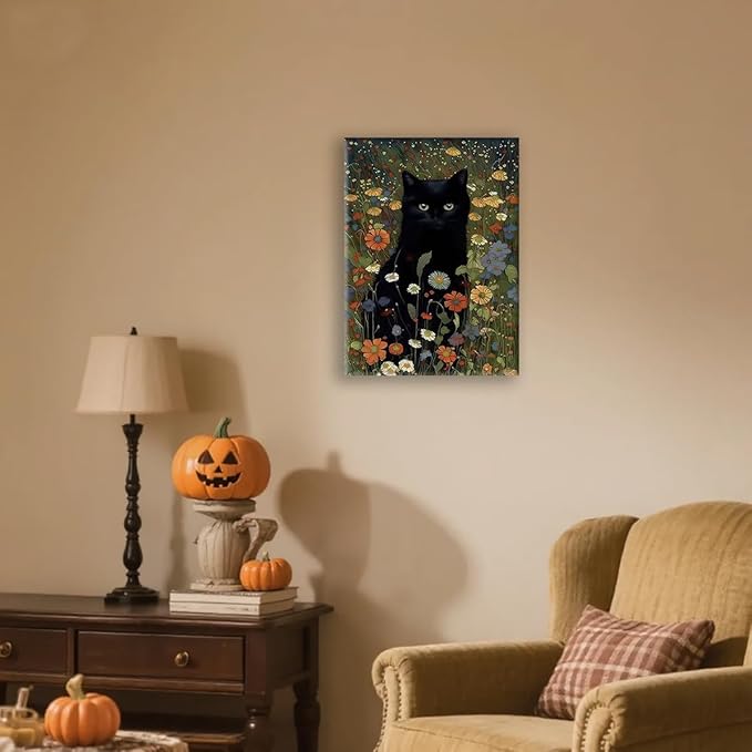 Gothic Black Cat Wall Art - Framed Canvas Print of Mystic Garden, Dark Academia Decor, Witchy Bathroom & Bedroom Art, Memorial Gift for Cat Lovers, 11.5x15 Inch