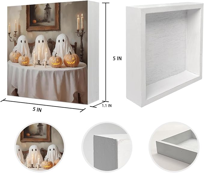 Mtrgdn Cute Halloween Decor,Halloween Decorations Indoor,Ghost with Pumpkin Desk Decor Wooden Box Sign,Halloween Home Office Kitchen Bathroom Bedroom Coffee Bar Table Shelf Wall Decorations,5x5 Inch