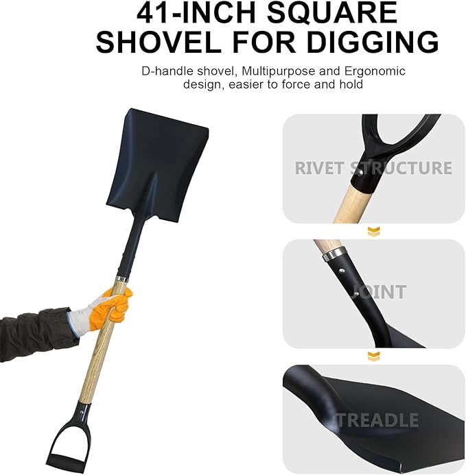 Flat Shovel, Square Shovel for Transfer Snow, 41 inch Long, Durable D Grip, for Farming, Outdoor Works, Gardening, Landscape Works