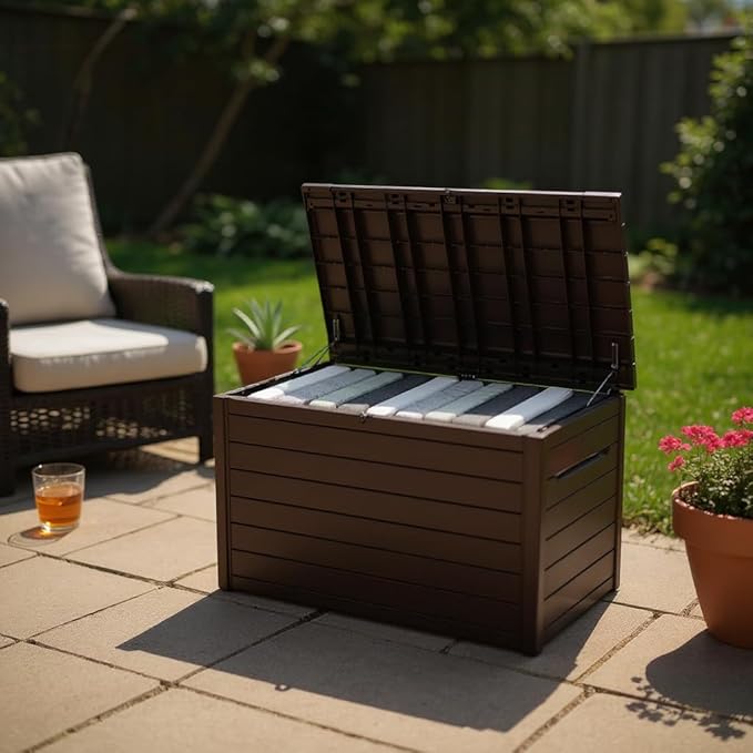 230 Gallon Deck Storage Box Outdoor Patio Container – Weather-Resistant, Lockable Outdoor Storage Solution for Patio, Garden, and Poolside (Brown)