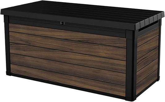 Keter Signature Collection 150 Gallon Resin Deck Box Organization and Storage for Patio Outdoor Cushions, Throw Pillows, Garden Tools and Pool Supplies, Rosewood