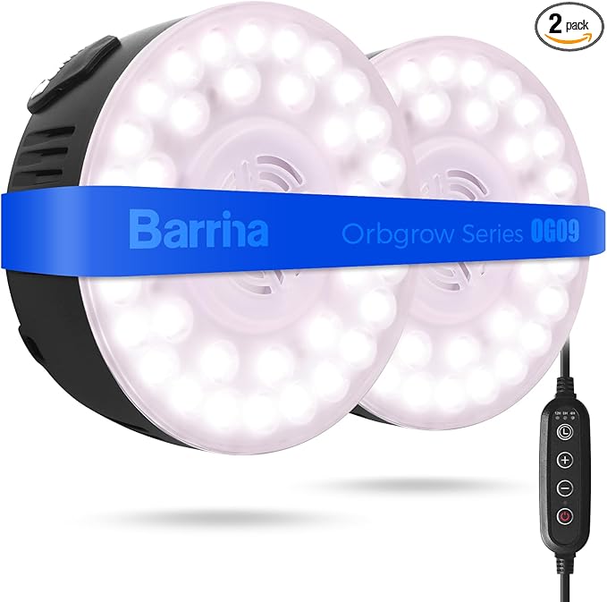 Barrina Orbgrow OG09 Puck Grow Light with Timer, Pinkish White 18W(2 x 9W, 270 Watt Equiv), Full Spectrum Plant Light for Indoor Plants, Magnetic & Linkable, 5 Levels Dimmable, 2 Packs, Black