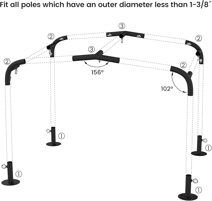 1 3/8'' Canopy Fittings for 4 Leg Carport Frame Parts, Black Canopy Pipe Fittings with Eye Bolts, Carport Frame Kit Low Peak Connectors with 156 Degree Angle(10Pcs)