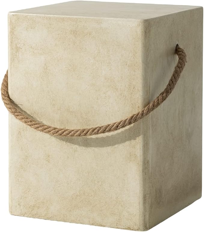 COSIEST Rectangular Concrete Side Table,15'' Outdoor Side Table w Hemp Rope Handles,Patio Side Tables Accent End Coffe Table for Garden and Patio, Beige
