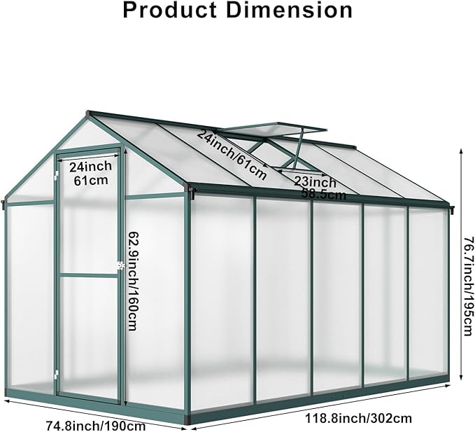 Greenhouse for Outdoors 10 x 6.25 Ft, Polycarbonate Greenhouse with Lock, Roof Windows Vent and Rain Gutter, Aluminum Large Walk-in Green Houses, for Patio Garden Backyard Outside, Green