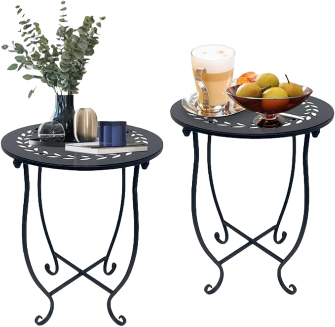 Metal Round Side Table, 2 Pack 14 Inch Bedside Table for Living Room, Weather Resistant Black Metal Outdoor Side Table for Patio Balcony Yard Porch Garden, Plant Stand for Indoor Outdoor Use