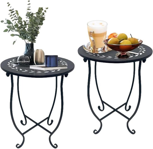 Metal Round Side Table, 2 Pack 14 Inch Bedside Table for Living Room, Weather Resistant Black Metal Outdoor Side Table for Patio Balcony Yard Porch Garden, Plant Stand for Indoor Outdoor Use