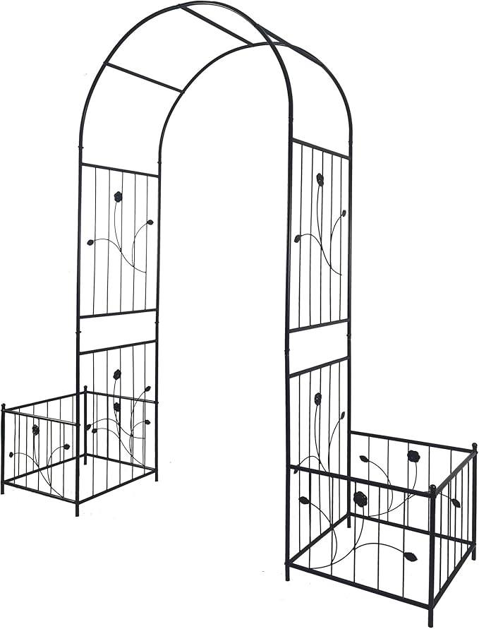 Metal Garden Arch with 2 Plant Stands, Garden Arch Trellis for Climbing Plants Outdoor, Garden Arbor for Weddings Party Events Decoration, 79.5" L X 19.7" W X 86.6" H, Black