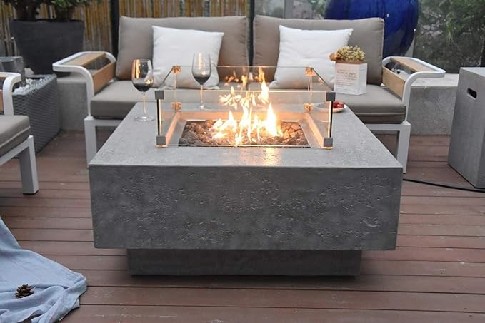 Elementi Manhattan Gas Fire Pit Cast Concrete Fire Table, Outdoor Fire Pit Electronic Ignition | Canvas Cover, Lava Rock Included | Free AMS Wind Guard | Light Gray (Natural Gas)