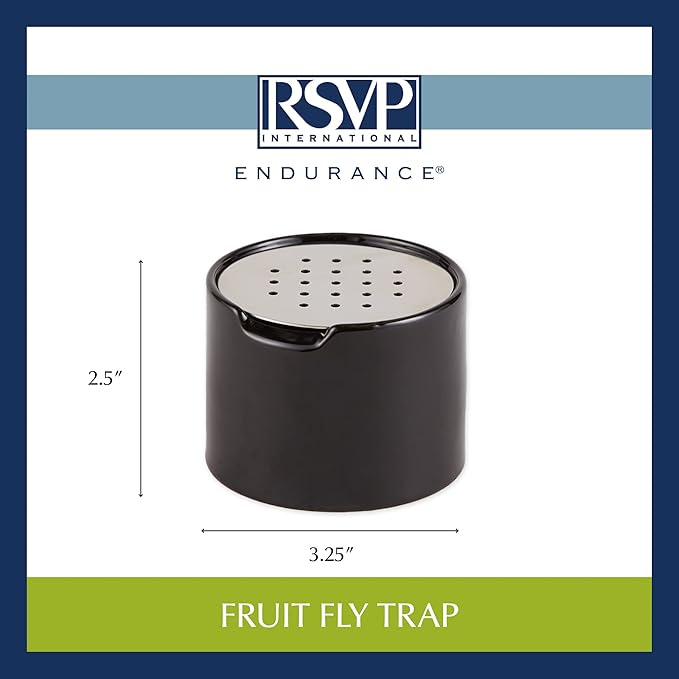 RSVP Reusable Ceramic Fruit Fly Trap for Indoors – Kitchen Fly Catcher Jar with Stainless Steel Vent Lid, Eco-Friendly & Dishwasher Safe Design, Uses Natural Vinegar Bait (Black)