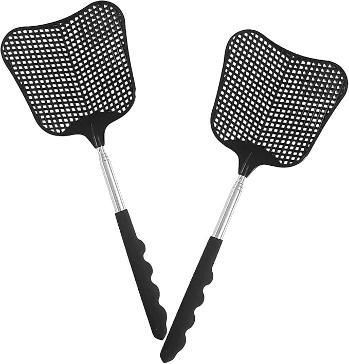 Fly Swatter Heavy Duty Set, with Durable Telescopic Stainless Steel Extendable Handles, for Home, Classroom, Indoor Outdoor Office, 2Pcs, Black