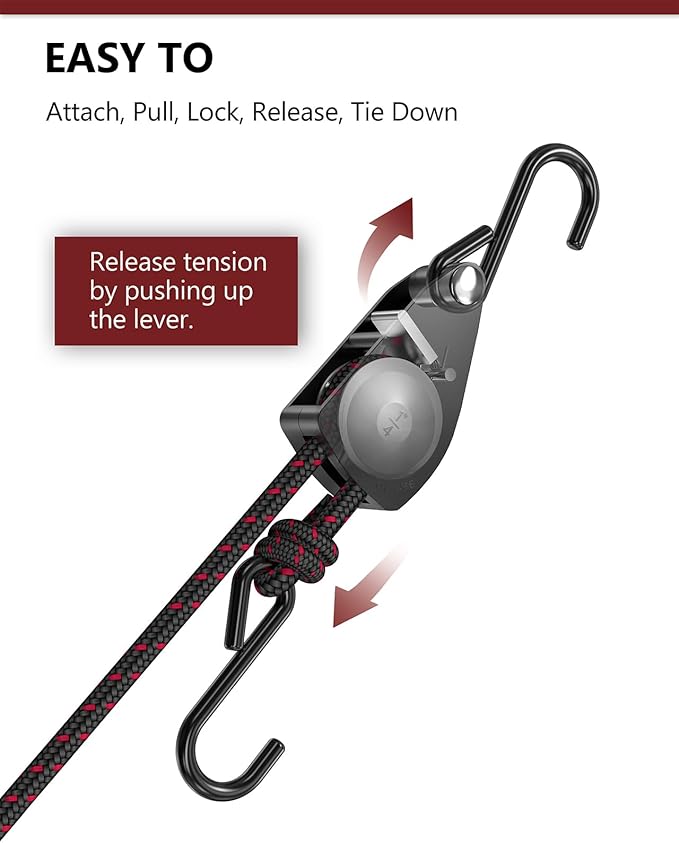 VIPARSPECTRA Ratchet Tie Down Straps, 1/4" Adjustable Rope Hangers [4 Pack, 12FT, 150 lbs/Pack], Heavy Duty Kayak Pulley System with Hooks for Garage Cargo Trucks Tents Grow Lights Various Lashing