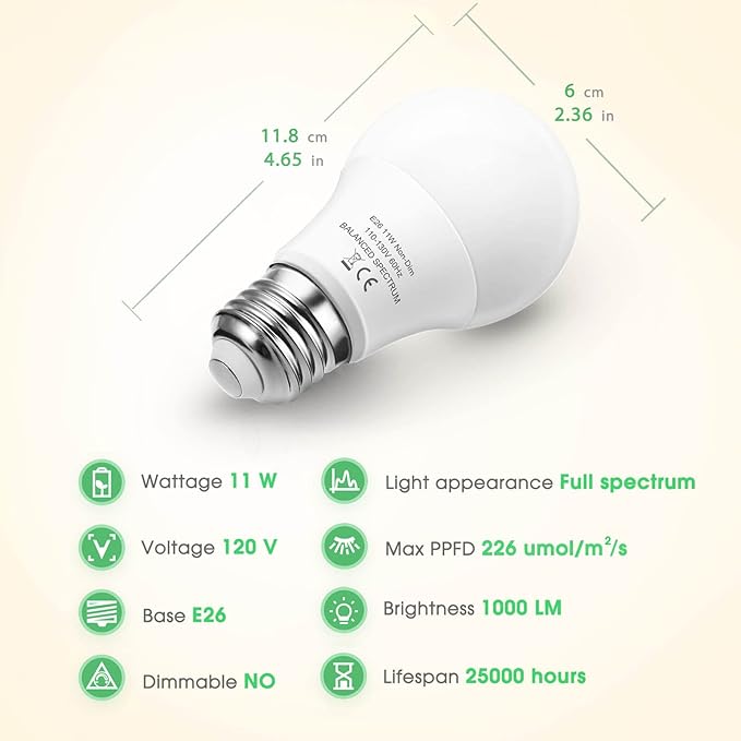 LED Grow Light Bulbs, Full Spectrum - A19, E26 Base, 11W (100W Equivalent), 4 Pack for Indoor Plants, Flowers, Greenhouse