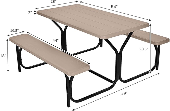 Giantex Picnic Table Bench Set Outdoor Camping All Weather Metal Base Wood-Like Texture Backyard Poolside Dining Party Garden Patio Lawn Deck Furniture Large Camping Picnic Tables for Adult