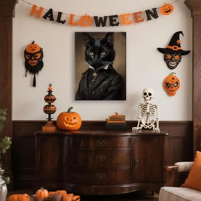 Jatinoo Black Cat Wall Art Framed Canvas - Gothic Home Decor, 16x24 Inch Vintage Print for Dark Academia, Moody Witchy Halloween Decor, Aesthetic Room Poster & Cat Lover Gift
